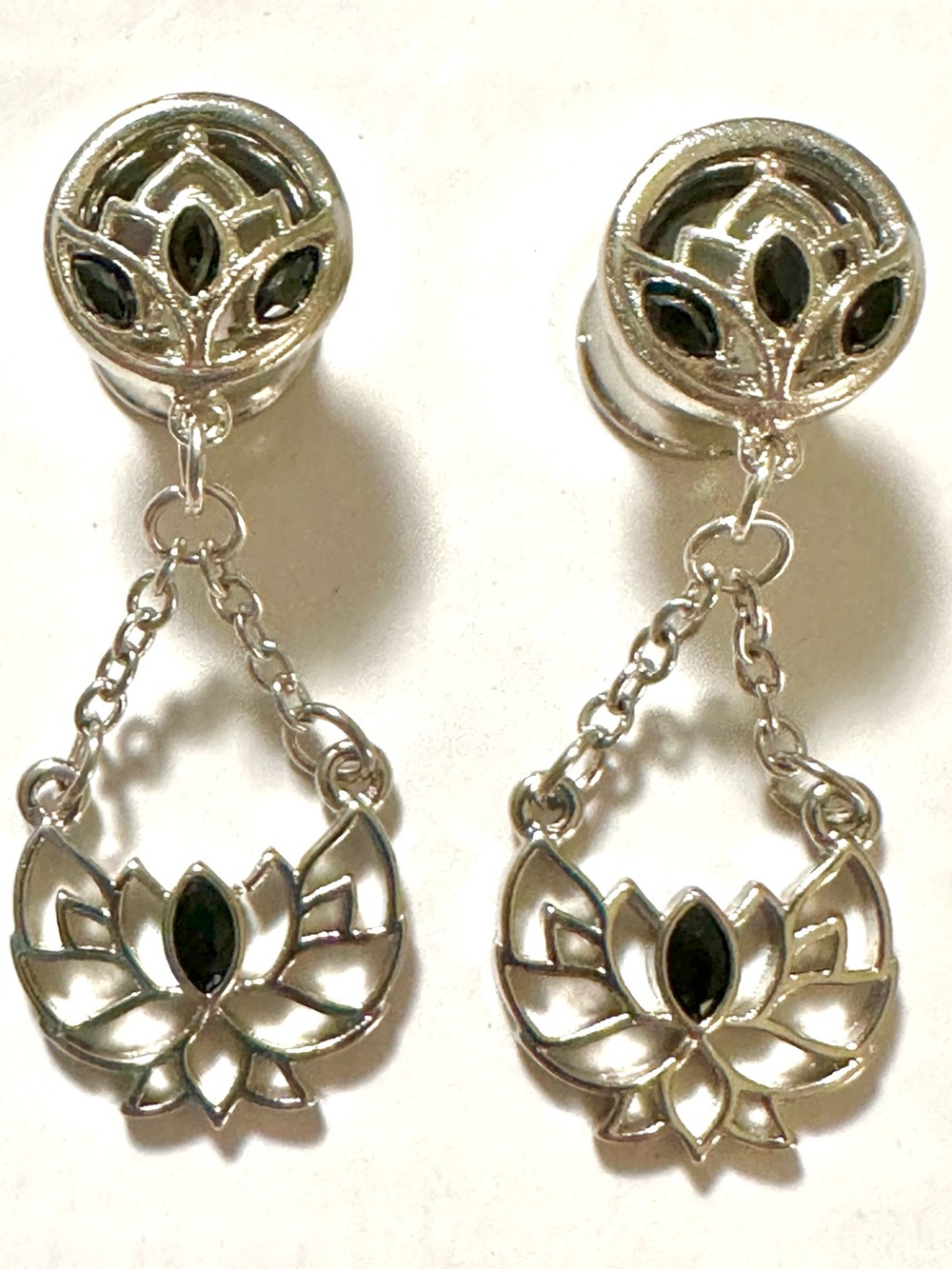 NIB Lotus Drop Double Flair Gauges Plugs Body Jewelry, 0g / 8mm w/Black Stones